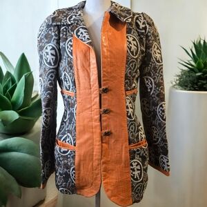 DAHLIA  Vintage  Orange and Black Patterned Blazer Lambskin Lamb Suede 100% Wool